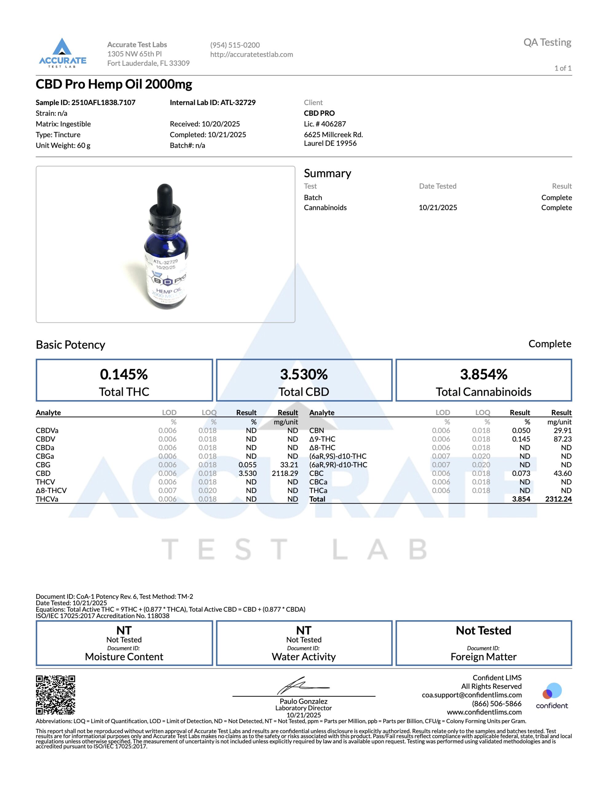 COA-10.21.2025 CBDPRO Tincture 2000 mg